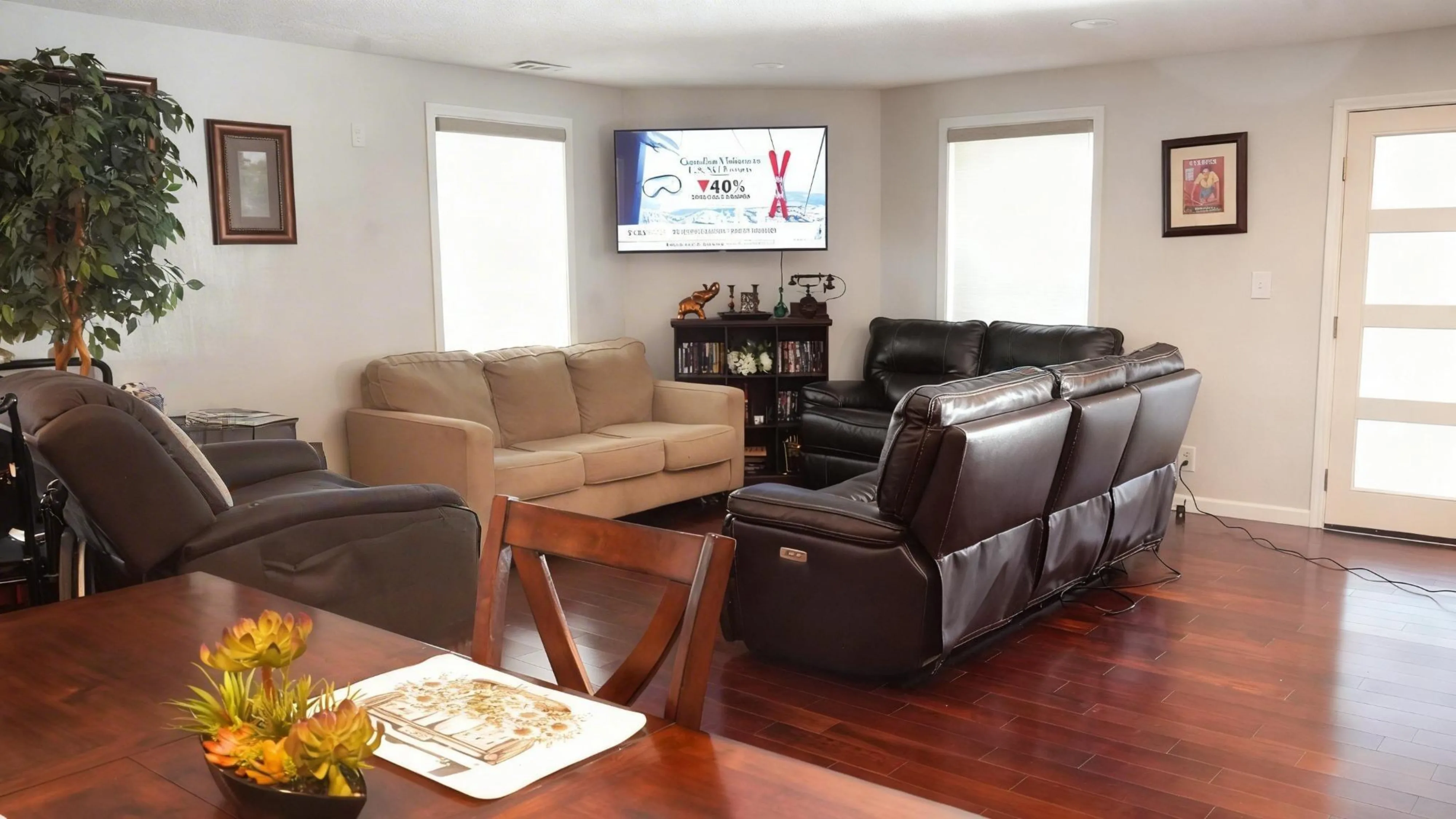 Living room with leather recliner sofas and wall-mounted TV